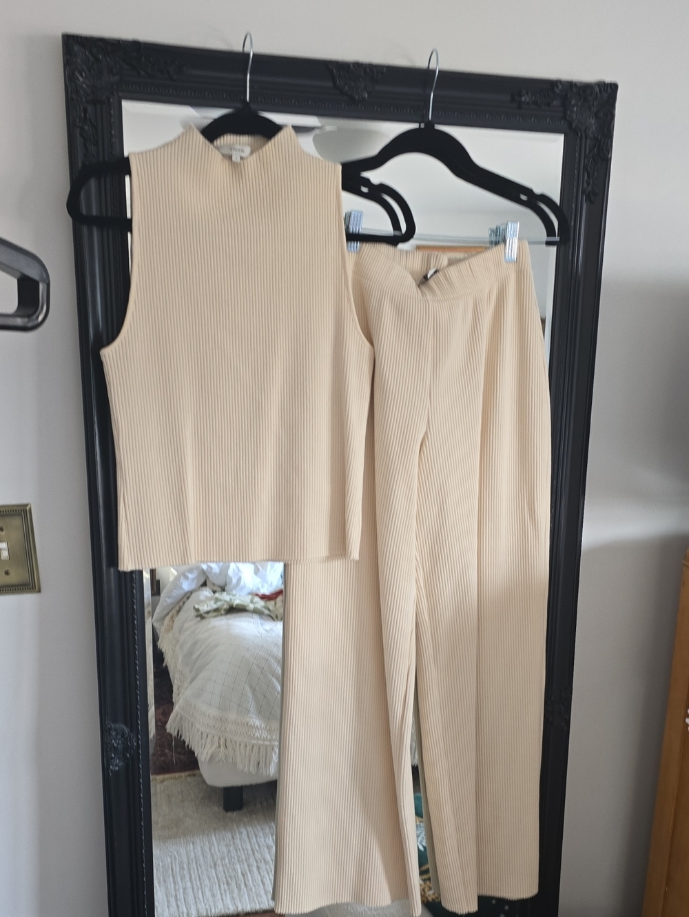 Vince Cream Ribbed Wide-Leg Pants & Sleeveless Top Set